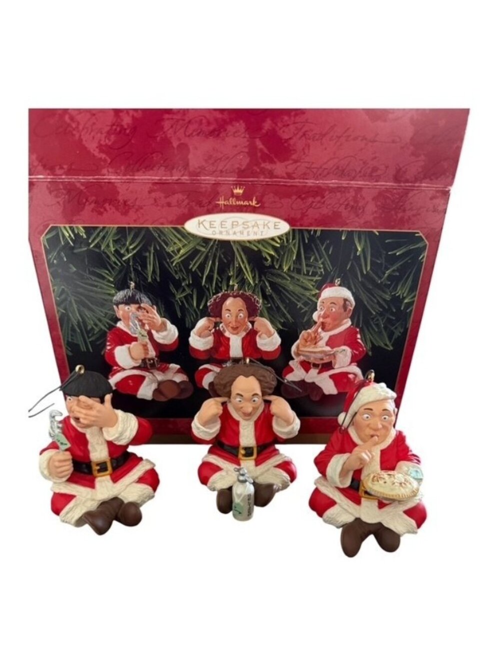 Hallmark Keepsake 3 Ornaments 1999 Three Stooges Larry Moe and Curly Santa Box